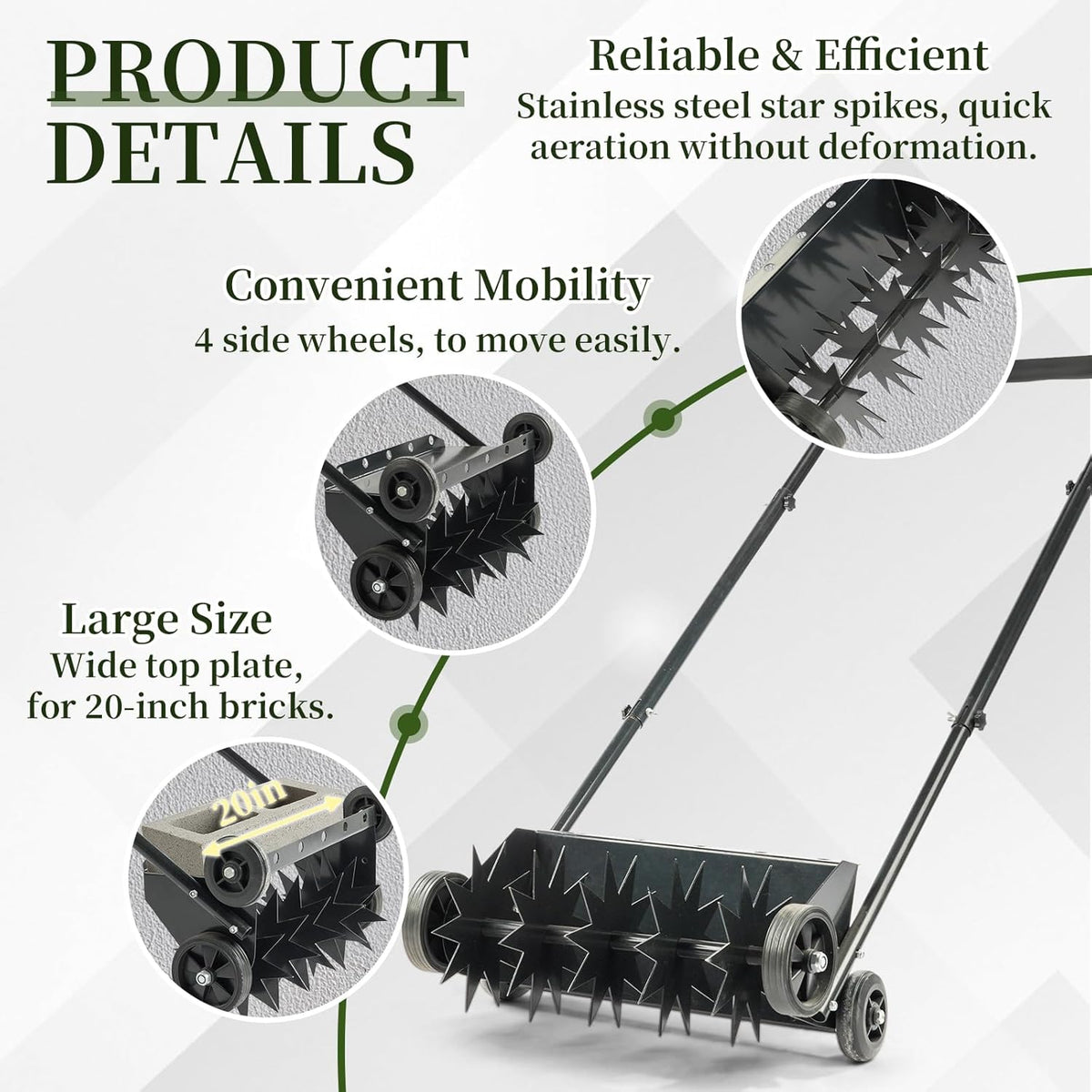 VINGLI Lawn Aerator, 19-Inch Heavy Duty Push Spike Aerator with 4 Wheels, Easy-to-Assemble, 45'' Push Rolling Aerator for Lawm, Yard and Garden(Black)