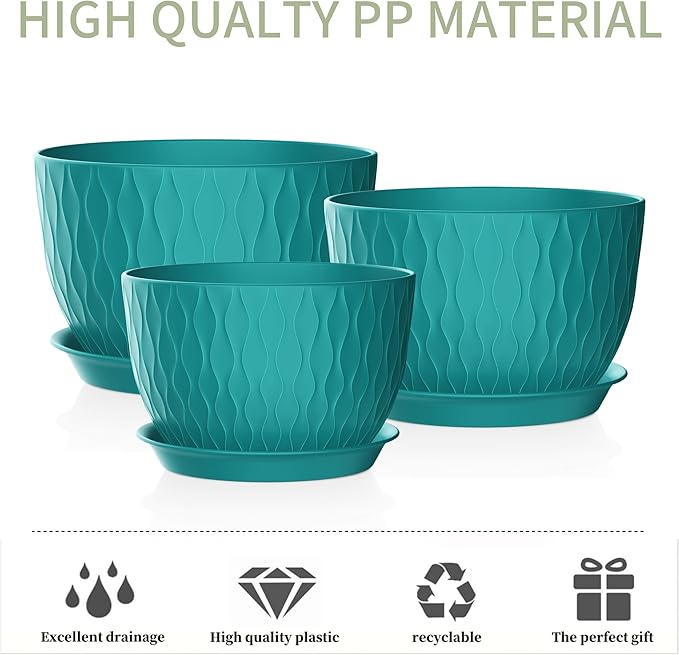 12/10/9 Inch Plant Pots, 3 Pack Large Flower Pots for Indoor and Outdoor Plants with Water Ripples, Large Plastic Flower Pots with Drainage Holes and Tray for Garden Indoor Plants