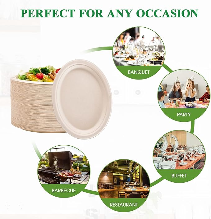 Vplus 100% Compostable Oval Paper Plates 12 inch 120 Pack Super Strong Disposable Dinner Plates Natural Biodegradable Eco-Friendly Sugarcane Plates for BBQ, Party, Gathering, and Picnic