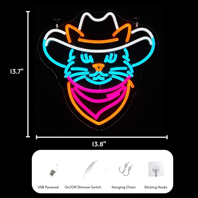 Cowboy Cat Neon Sign - Adjustable Dimmable LED Neon Light, 13.8"x13.7", Premium Quality, Vibrant Home Decor