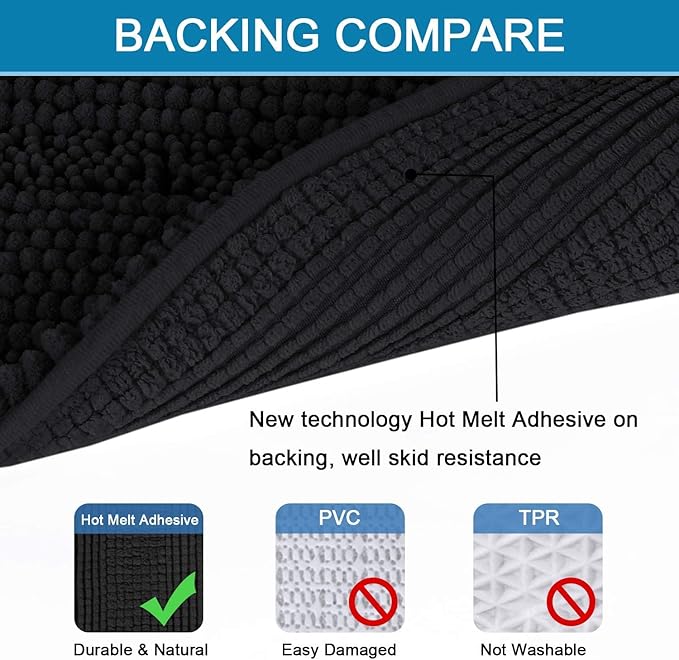 H.VERSAILTEX Bathroom Rugs Bath Rugs Non Slip Bath Mats Extra Thick Chenille Striped Rug 17" x 24" Absorbent Soft Shaggy Washable Dry Fast Bath Mats for Bathroom Floor - Black