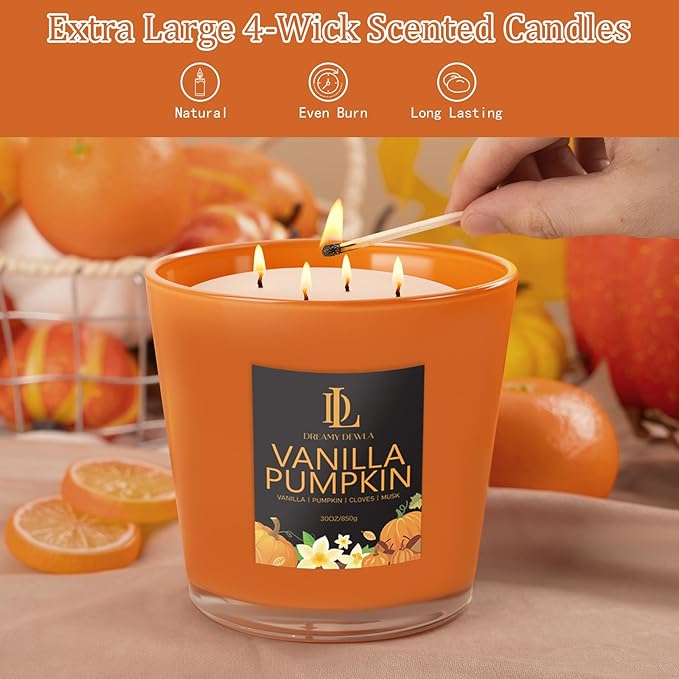 Vanilla Pumpkin Candle, Fall Scented Candle, Large 30oz Natural Soy Candles, 4-Wick 80 Hour Burn Time, Autumn Fragrance Candles Gifts for Home Decor