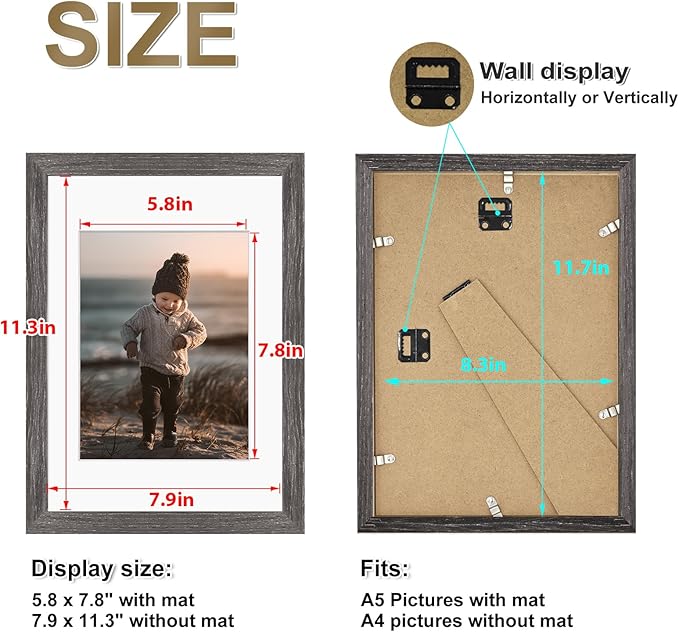 KINLINK A4 Picture Frame, Ash Black Solid Wood Frames with Acrylic Plexiglass for Pictures A5 with Mat or A4 without Mat, Tabletop and Wall Display Photo Frame 4 Pack