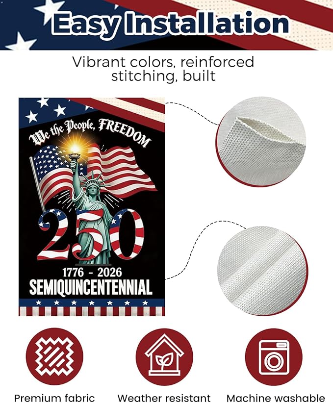 250 Years America Garden Flag, 250th Anniversary USA Patriotic 4th of July Double-Sided Waterproof Banner with Freedom Yard Sign, We The People, 1776-2026 Commemorative, 12 x 18 Inch