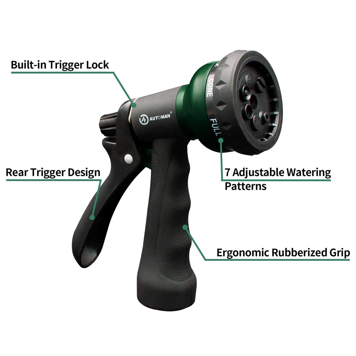 AUTOMAN-Garden-Hose-Nozzle, ABS Water Spray Nozzle with 7 Adjustable Watering Patterns, Slip Resistant for Watering Plants, Lawn& Garden, Washing Cars, Cleaning, Showering Pets & Outdoor Fun.