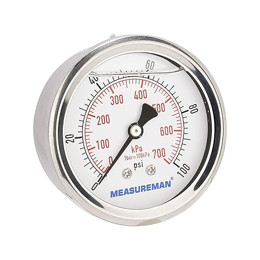 MEASUREMAN 2-1/2inch Dial Size, Glycerin Filled Pressure Gauge, 0-100psi/kpa, 304 Stainless Steel Case, 1/4 Inch NPT Center Back Mount