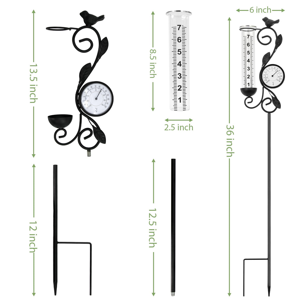 32" Garden Rain Gauge with Thermometer - 7" Glass Tube for Outdoor Indoor Use, Patio Yard Decor Statue