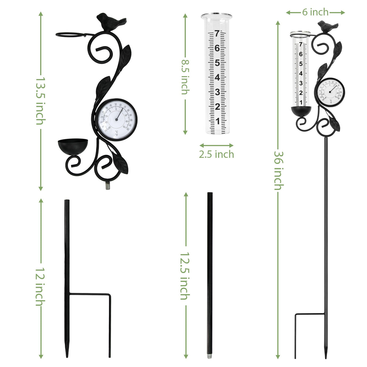 32" Garden Rain Gauge with Thermometer - 7" Glass Tube for Outdoor Indoor Use, Patio Yard Decor Statue