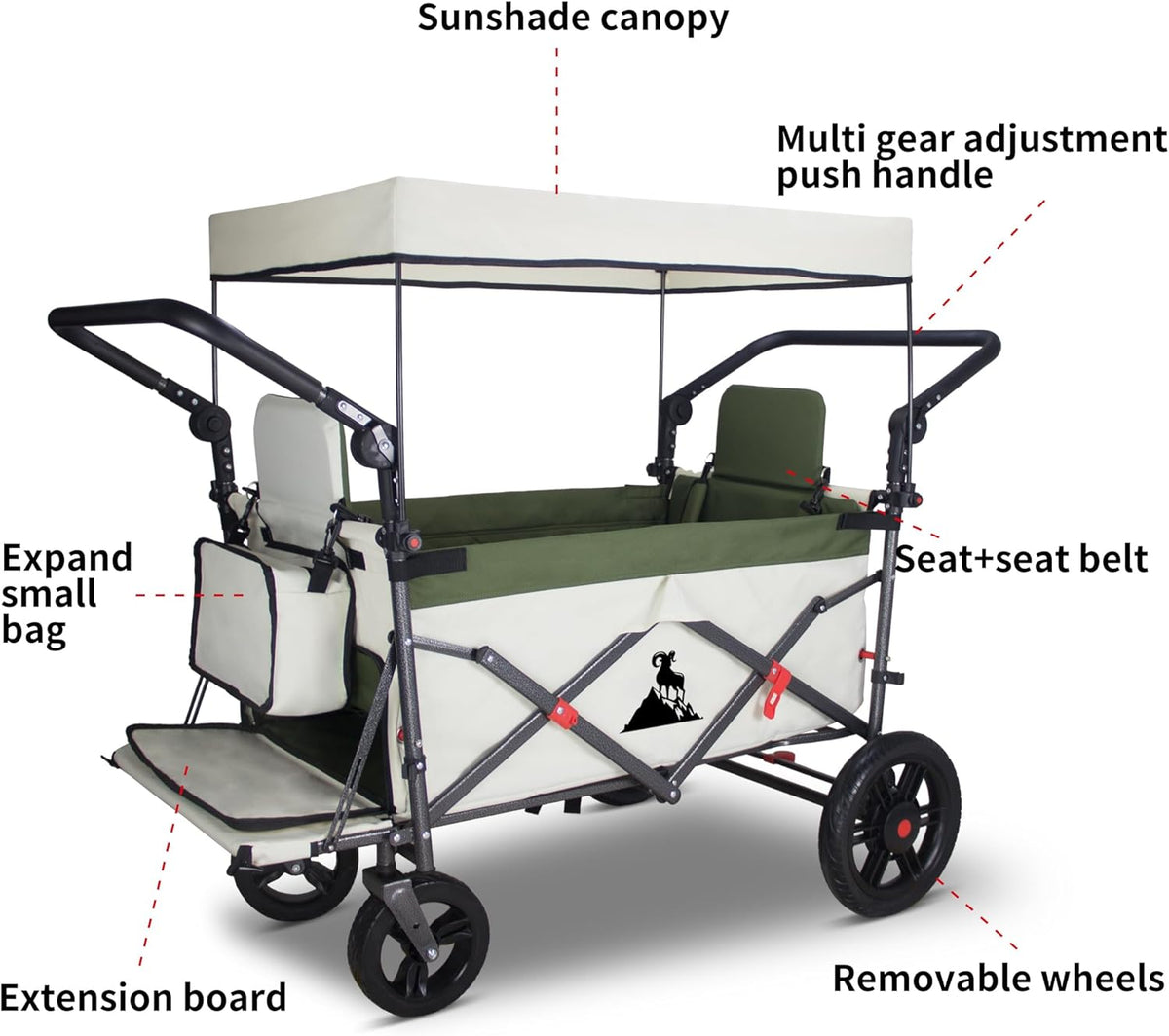 Foldable Wagon with Canopy - Collapsible Utility Cart with 2 Seats & Belts, Adjustable Handle, Expandable Front for Camping, Picnic, Shopping (Beige/Green)