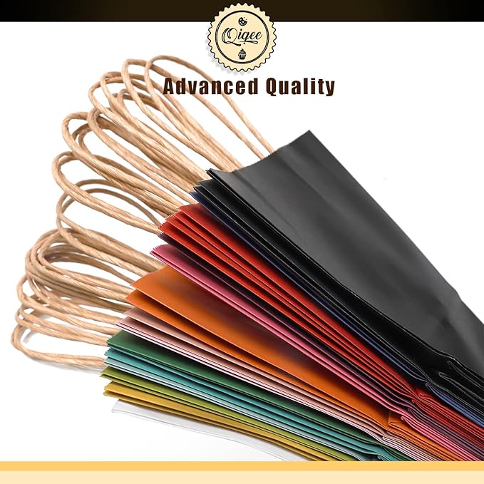 qiqee 200Pcs Paper Gift Bags with Handles - 8.3"x6"x3.15" Small Party Favor Bags Multiple Uses - 16 Solid Colors