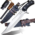 BA-KOR (15.8 inches) 5mm full Tang 9CR18MOV steel nylon fiber handle Bowie knife + sheath + (5.9 inches) cerium element striker, suitable for outdoor hunting, camping, survival, and daily carry of tools. (Sanding (full edge))