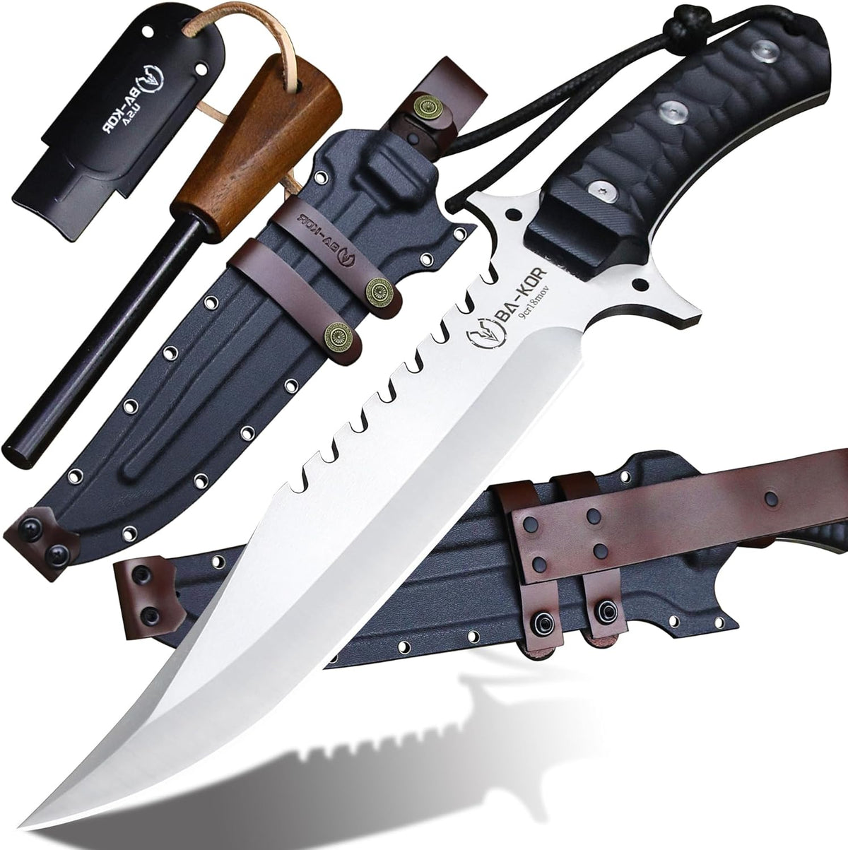 BA-KOR (15.8 inches) 5mm full Tang 9CR18MOV steel nylon fiber handle Bowie knife + sheath + (5.9 inches) cerium element striker, suitable for outdoor hunting, camping, survival, and daily carry of tools. (Sanding (full edge))