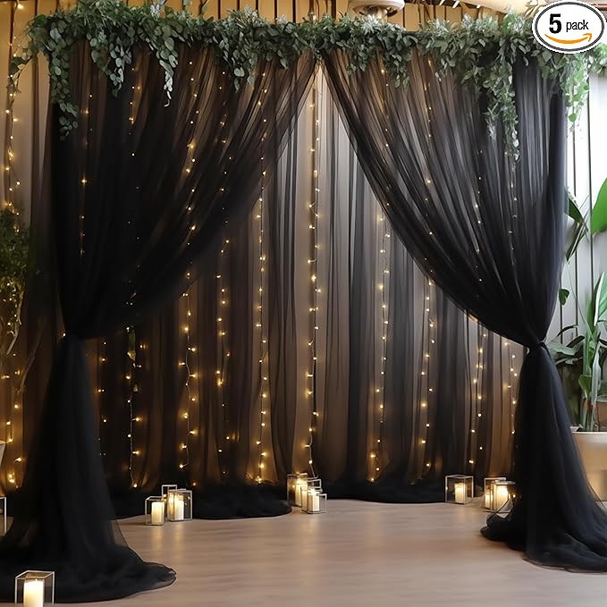 20×10ft Black Tulle Backdrop Curtain with Lights String for Parties, Sheer Photo Backdrop Curtains for Wedding Party Photography Background