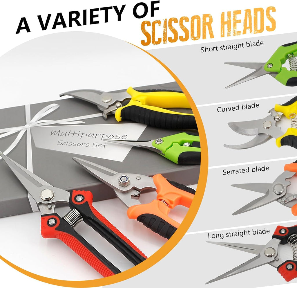 4 Pack Garden Pruning Shears Stainless Steel Clipper Kits, Handheld Garden Trimming Scissors with Sharp Blade Snips Scissors- Gardening Tools for Flowers Plant Branches (Curved & Straight Blade)