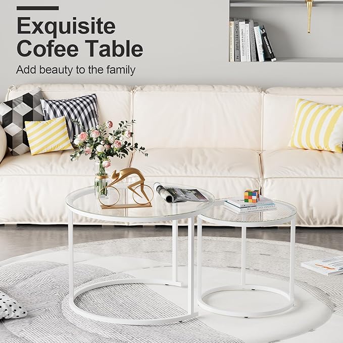 aboxoo White Nesting Glass Table Set of 2, Small Glass Round Nesting Tables for Living Room Bedroom, Accent Tea Table with Metal Frame Modern Industrial Simple