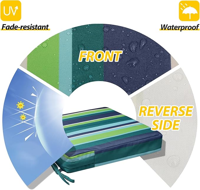 AAAAAcessories Outdoor Seat Cushions for Chairs, Waterproof, Fade-Resistant, 20" x 20" x 3", Patio Furniture Replacement Cushions, Set of 2, Stormy Teal Coastal Stripe