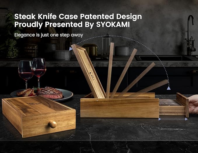 Steak Knives Set of 6 with Drawer Organizer, 4.8 Inch High Carbon Japanese Style Non Serrated Meat Knife with Wood Handle, Damascus Pattern Full Tang Design, Razor-Sharp Dinner Knives