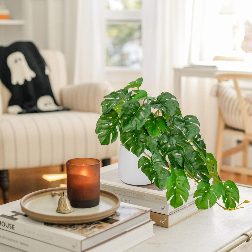 DILATATA Fake Plants Indoor 8 Inch Artificial Monstera Plant in White Ceramic Pot - Faux Potted Tropical Palm Plant for Home Aesthetic Decor Living Room Shelf Office