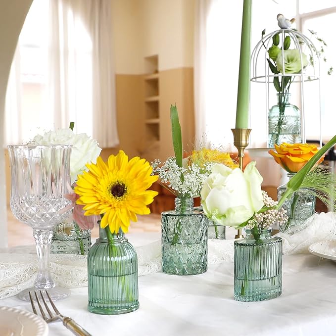 Green Glass Bud Vase Set of 22, Small Vases for Flowers, Clear Glass Vases for Centerpieces, Mini Bud Vases in Bulk Rustic Wedding Decorations, Centerpieces, Vintage Look Home Table Flower Decor
