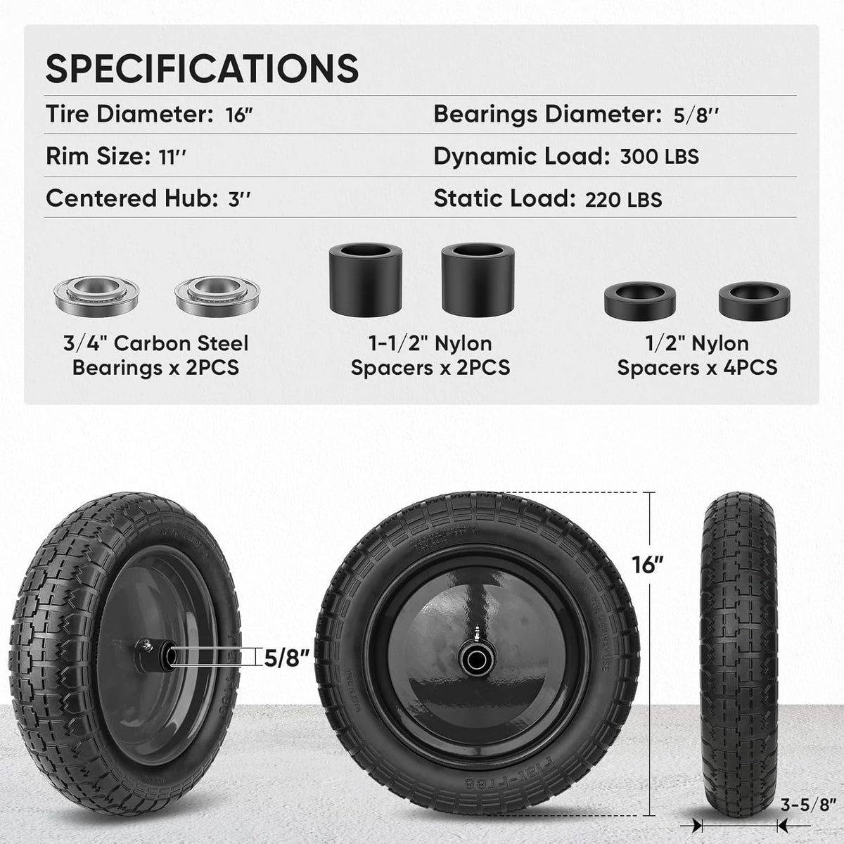 TICONN 4.80/4.00-8 Tire, 16" Flat Free Wheelbarrow Tire and Wheel, Solid Replacement Tires, 5/8" 3/4" Bearings, Universal Fit 4.80/4.00-8, 3.50/3.00-8, 4.00-6 (16" Black, 4PK)
