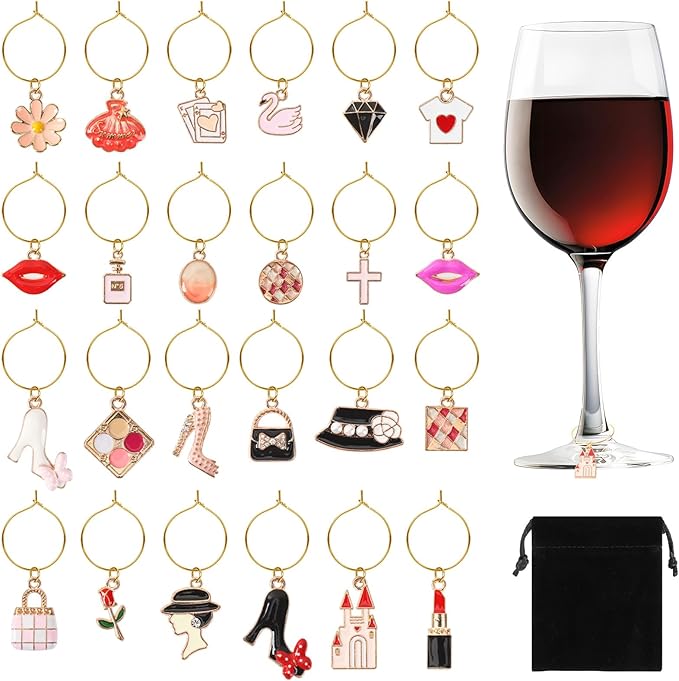 SANNIX 24pcs Wine Glass Charms - Funny Wine Glass Tags for Tasting Parties