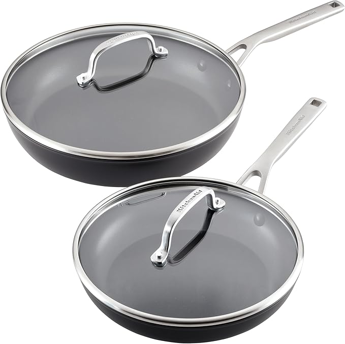 KitchenAid Hard Anodized Induction Nonstick Frying Pan Set With Tempered Lids, 4-Piece - 10 & 12 Inch – Durable, Even Heating, Oven Safe to 500°F, Dishwasher Safe, Easy-Clean