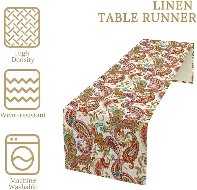 Colorful Paisley Table Runner, Boho Vintage Pink Red Teal Floral Leaves Print Table Runner for Home Kitchen Dining Table Holiday Party Decor, 13x120inch