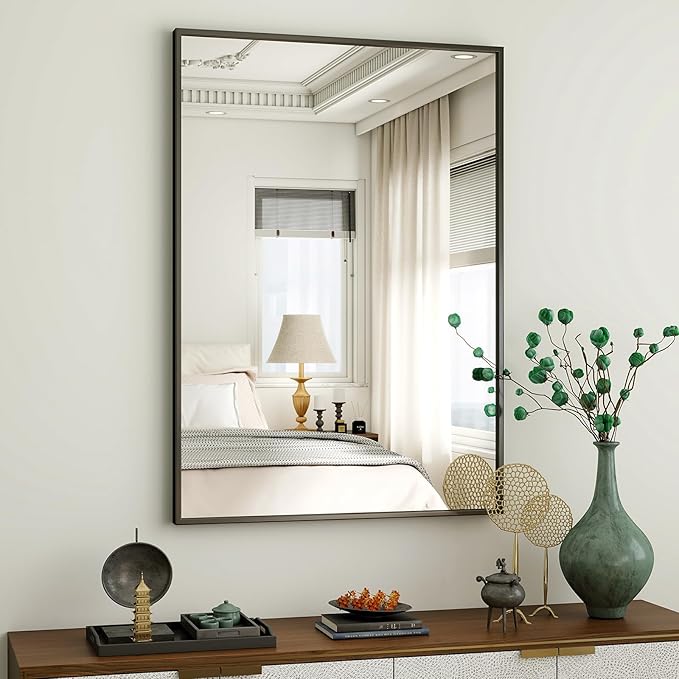 HARRITPURE 24"x36" Framed Bathroom Mirror for Wall Rectangle Mirror Aluminum Alloy Frame Wall-Mounted for Farmhouse Entryway Bedroom Living Room Black