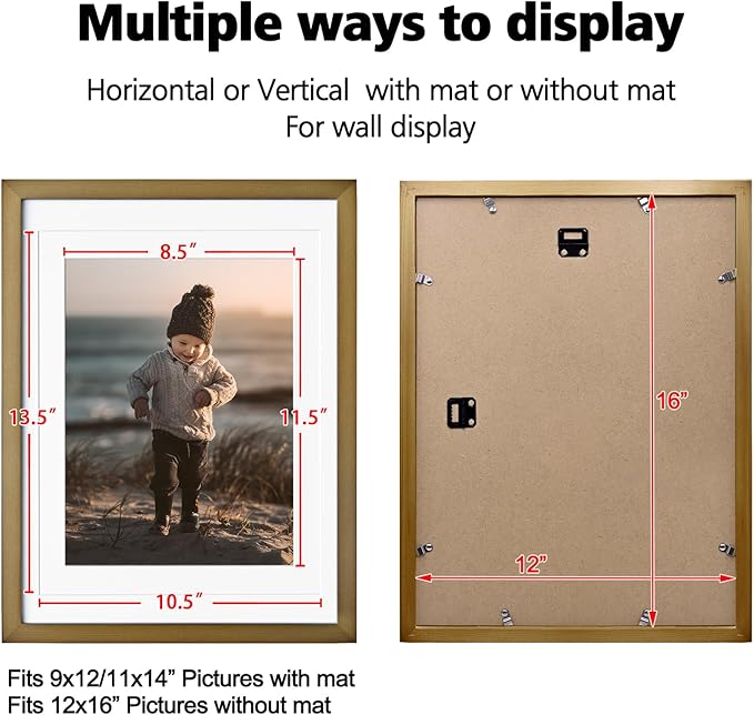 KINLINK 12x16 Picture Frame Brown, Solid Wood Frames with Acrylic Plexiglass for Pictures 11x14/9x12 with Mat or 12x16 without Mat,Wall Display Photo Frame, Set of 4