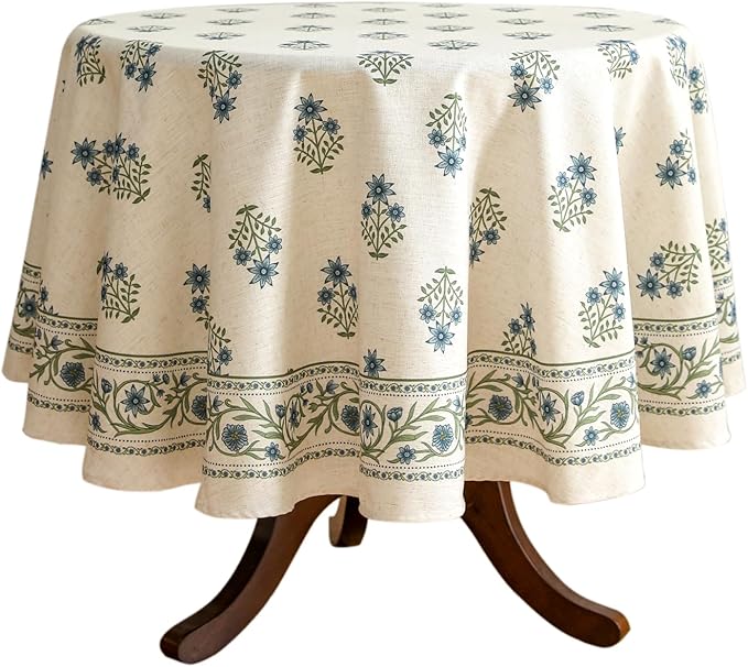 ISAENNE Designer White Linen Small Round Tablecloth,Chinoiserie Floral Elegant Indoor Table Cloth,Fall Stain Proof Decor Tablecloths for Dining Thanksgiving Kitchen,Diameter 55"-Mosella F