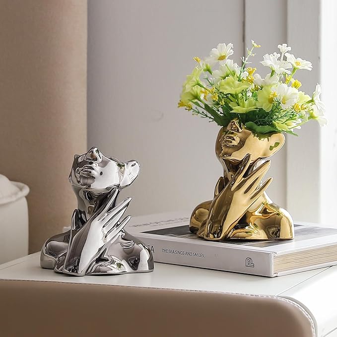 BrownLove Golden Ceramic Face Vase, Modern Golden Decorative Art Vase, Bookshelf Placed On The Desktop, Small Living Room, Office and Bedroom