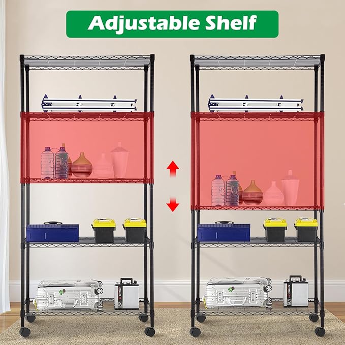 5 Tier Shelving Unit Heavy Duty Wire Shelving Unit Easy Installation Metal Shelving Unit 14"D x 30"W x 60"H Metal Storage Shelves with Wheels Wire Shelving Rack for Garage Home Kitchen, Black