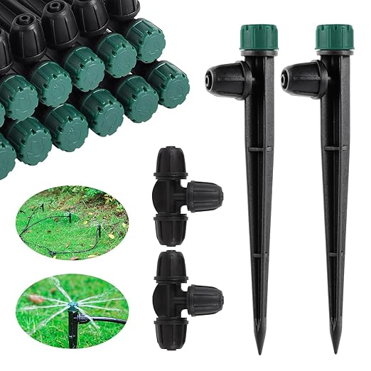 Drip Irrigation Emitters for 1/4" Drip Tubing,Adjustable 360 Degree Automatic Irrigation Drippers on 5.5" Arrow Stake,with1/4 Locked Tee for Watering System(10Pcs Drippers and 10Pcs Tee)