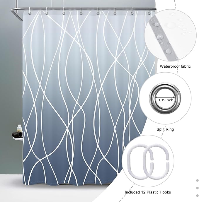 Punkray Ombre Blue Shower Curtain for Bathroom with Hooks, Stripe Bath Curtains Decorative Shower Curtains Water Repellent Washable, 60 x 72