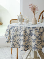 Pastoral Round Tablecloth - 60 Inch Dia. - Beige Linen Table Cloth - Washable Table Cover with Dust-Proof Wrinkle Resistant for Restaurant, Picnic, Indoor and Outdoor Dining, Floral (Dark Blue)