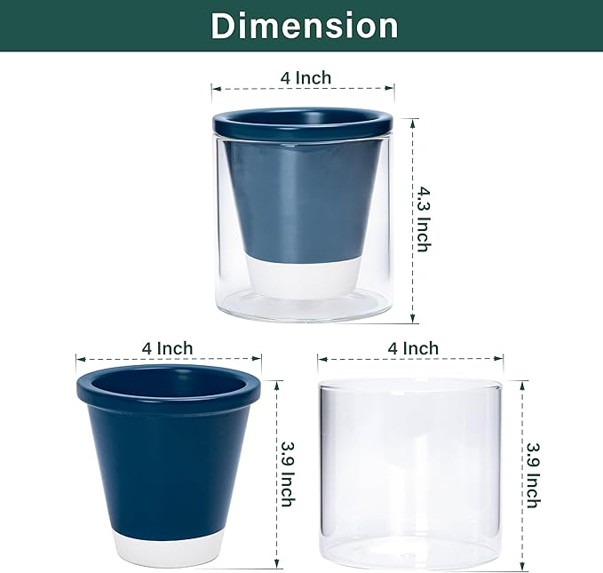 D'vine Dev 4 Inch Design Self Watering Planter for Indoor Plants, Blue Terracotta Pot with Cylinder Glass Cup, Set of 3, 37-Z-A-4-T