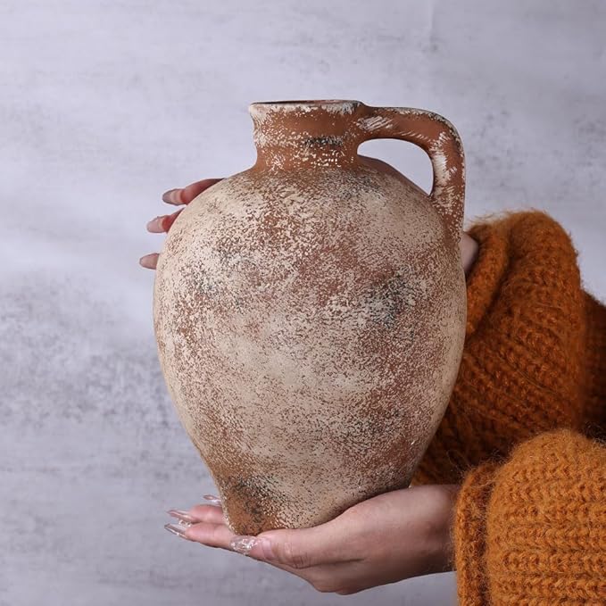 Rustic Farmhouse Ceramic Vase, 8.3" Tall Vintage Pottery Vases, Terracotta Decorative Boho Pampas Flower Vase, Suitable for Home Decor Living Room Entryway Table Bookshelf Mantle Shelf Decor