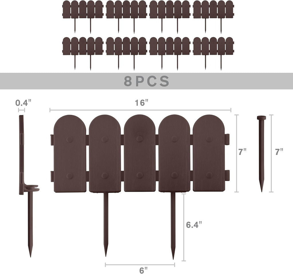 Evelyne Garden Border Plastic Edging: Wooden Fence Design - 8pcs Brown Yard Landscaping Fence Liner Lawn Edge Barrier - 10ft Kit of Decorative Lawn Panels Elements -Landscaping Edging-GMT-10374-A08