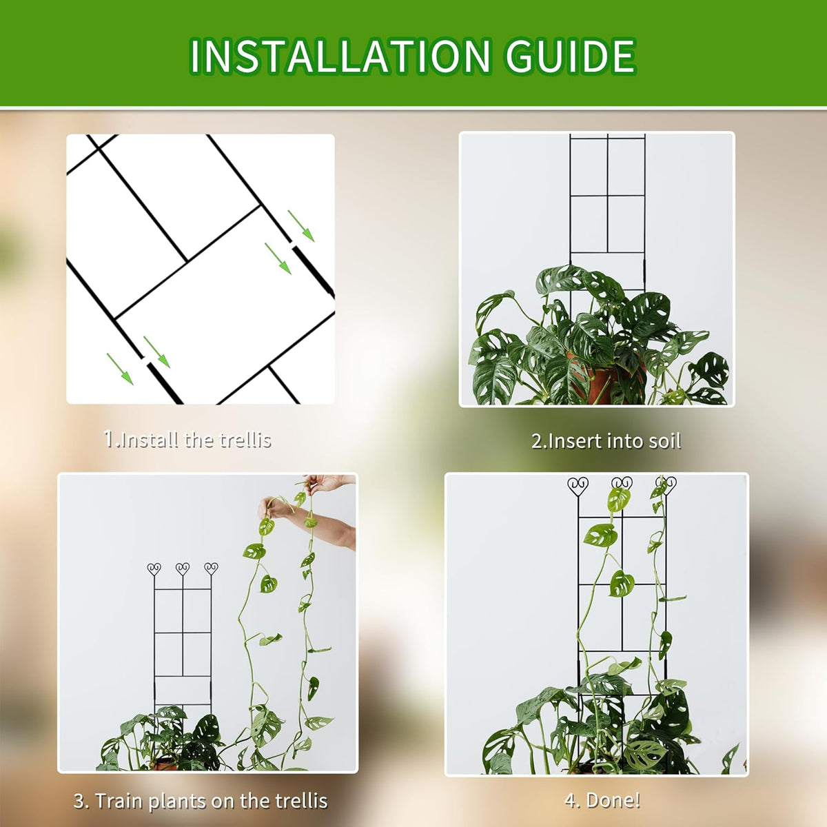 2 Pack 30'' Plant Trellis for Climbing Plants Indoors, Metal Garden Trellis for Potted Houseplant, Rustproof Plant Support for Ivy, Vines, Pothos, Hoya and Flower, Black