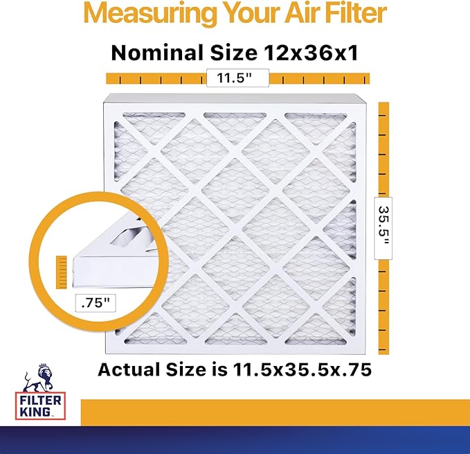 Filter King 12x36x1 Air Filter | 6-PACK | MERV 13 HVAC Pleated A/C Furnace Filters | MADE IN USA | Actual Size: 11.5 x 35.5 x .75"