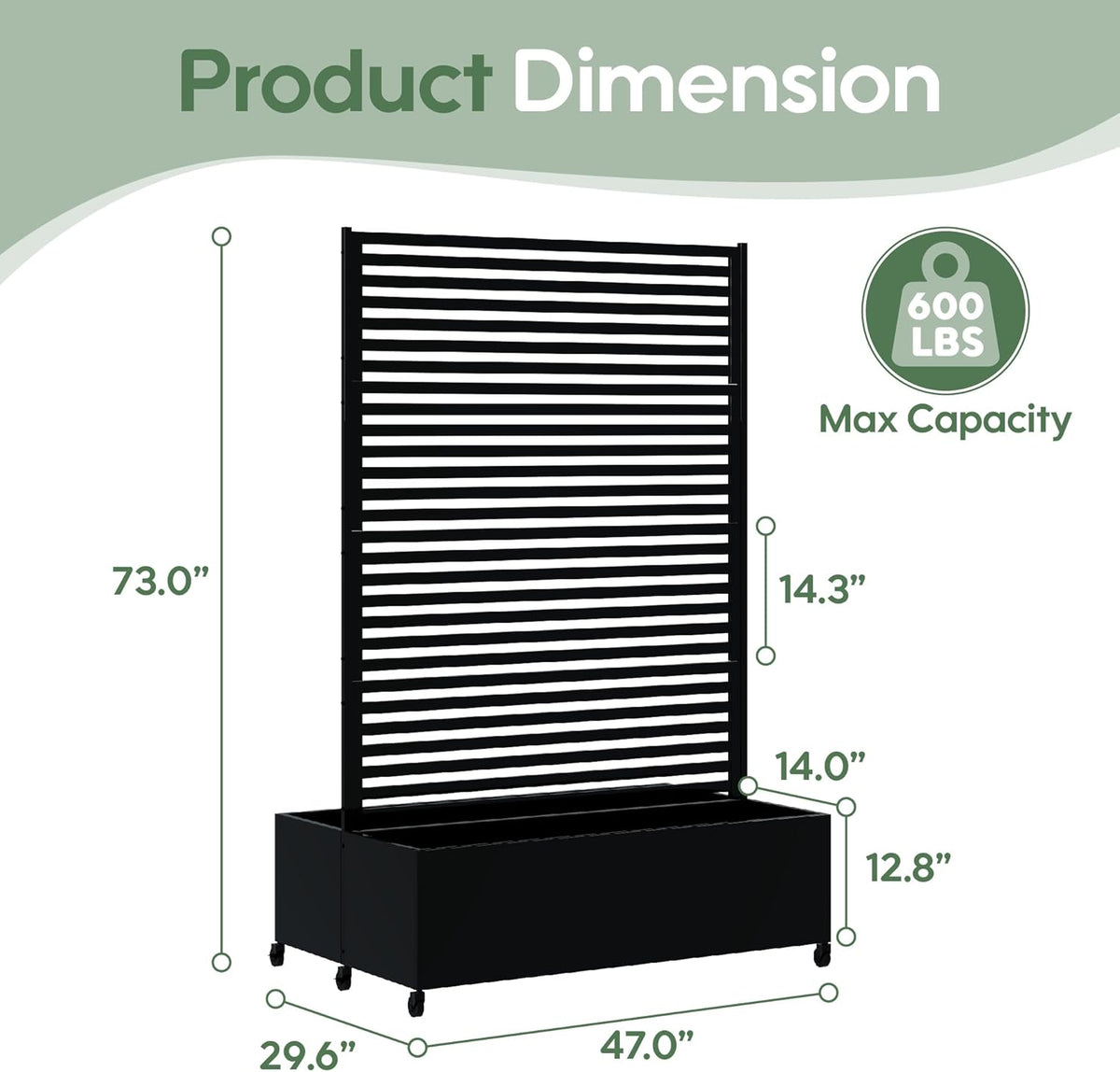 Double Metal Planter Box with Trellis Privacy Screen, Raised Garden Bed with Trellis & Wheels, Planter Box Outdoor with Drainage Holes for Climbing Plants, Vegetable, Vines,73"x 47"x 30", Black