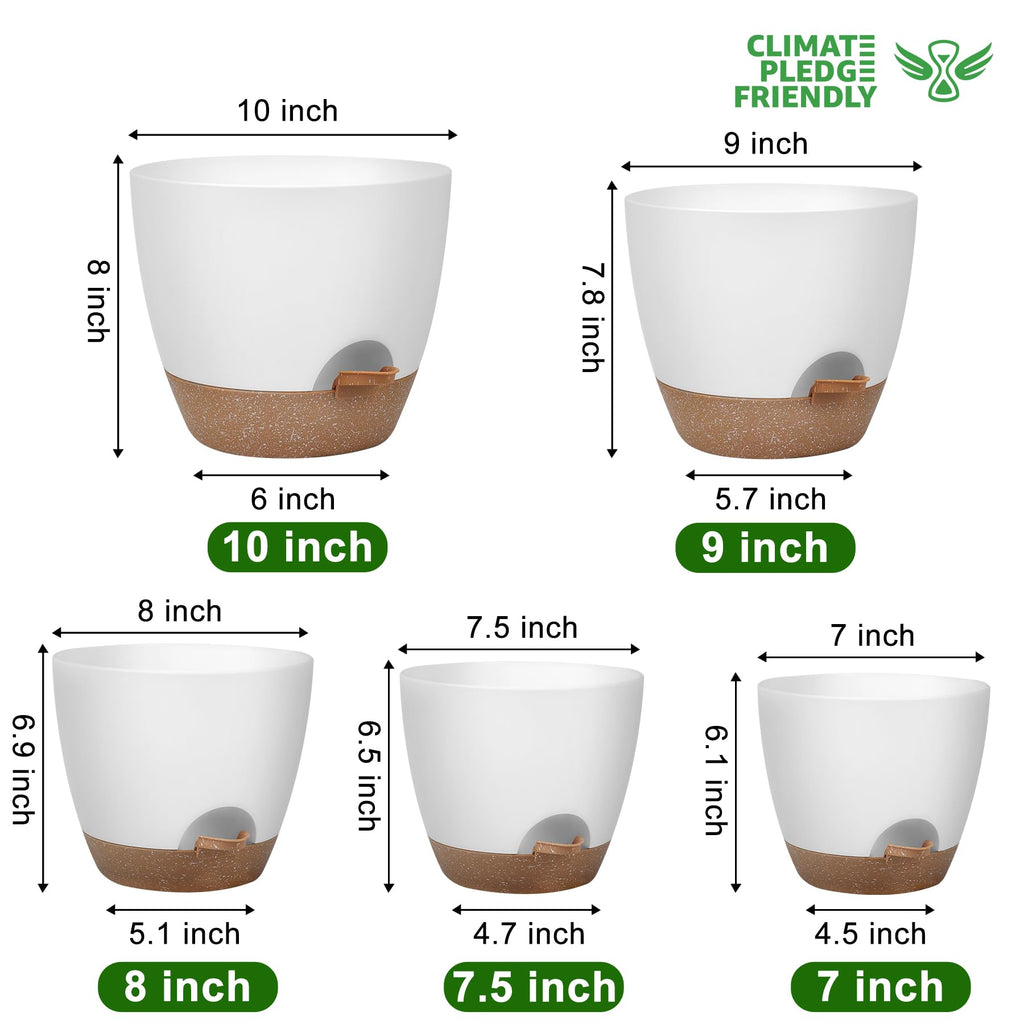 QRRICA Plant Pots 10/9/8/7.5/7 Inch Self Watering Pots, Set of 5 Plastic Planters with Drainage Holes and Saucers,Plastic Flower Pots,Nursery Planting Pot for Indoor Out Door Plants（White）