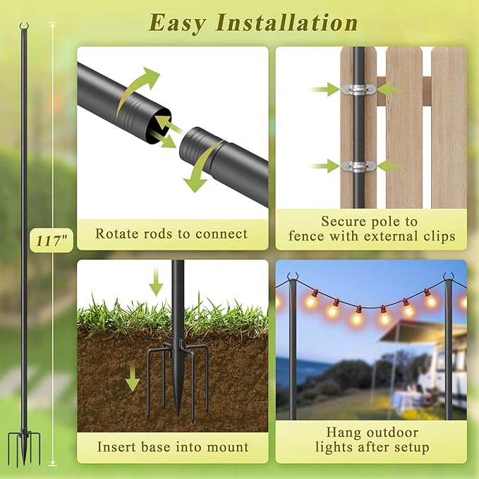 4 Pack String Light Poles for Outside, 10Ft Adjustable Outdoor Light Poles for String Lights, Outdoor Lighting Stand with Fork for Patio, Deck, Backyard, Garden, Party & Wedding