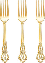 75PCS Gold Plastic Forks - 8.1inch Gold Forks Disposable - Vintage Heavy Duty Dessert Forks - Premium Fancy Plastic Silverware for Parties, Weddings, Dinners and Events