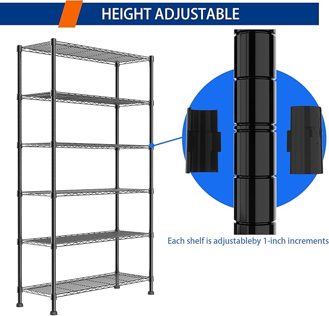 REGILLER 6-Wire Shelving Metal Storage Rack Adjustable Shelves,Standing Storage Shelf Units for Laundry Bathroom Kitchen Pantry Closet(Black,14.1" D x 36.1" W x 72" H)