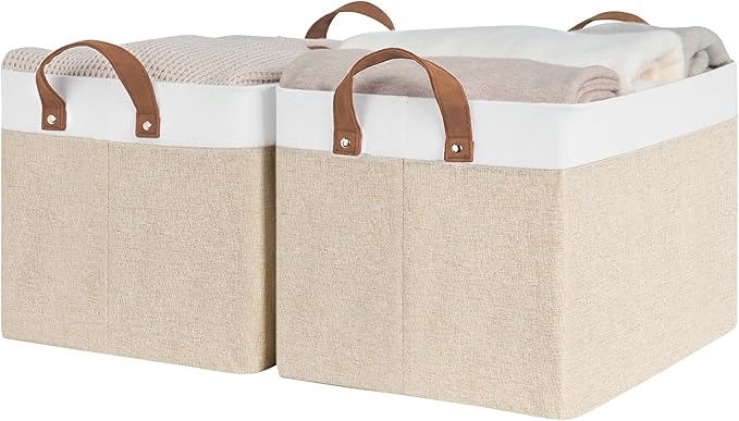 StorageWorks Storage Bins, Fabric Storage Bins for Shelves, Large Storage Baskets with Metal Frame, Closet Baskets and Bins with Handles, Brown and White, 2-Pack
