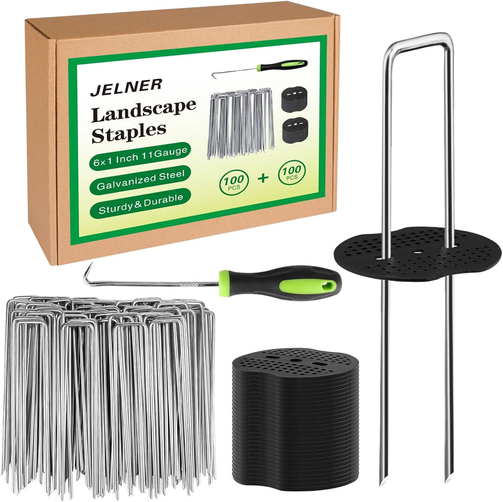Garden Stakes,6 Inch 11 Gauge 100pcs Galvanized Landscape Staples + 100pcs Gaskets + 1Pick Hook, Tent Stakes Landscaping Fabric SOD Pins for Weed Fabric Barrier,Groud Cover,Fence