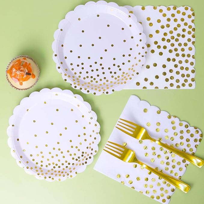 Gold Plates and Napkins Party Supplies 35 7inch disposable dessert plates for party, Gold Birthday New Years Party Decorations
