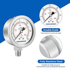 MEASUREMAN Fully Stainless Steel Hydraulic Glycerin Filled Pressure Gauge, 2-1/2" Dial Size,0-30psi/kpa,1/4" NPT Lower Mount