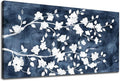 NINEASO Abstract Flowers Canvas Wall Art - Gray White Tree Floral Branches Pictures Wall Decor White Blossom Deep Indigo Blue Background Painting Artwork for Living Room Bedroom Home Decor 29" x 58"